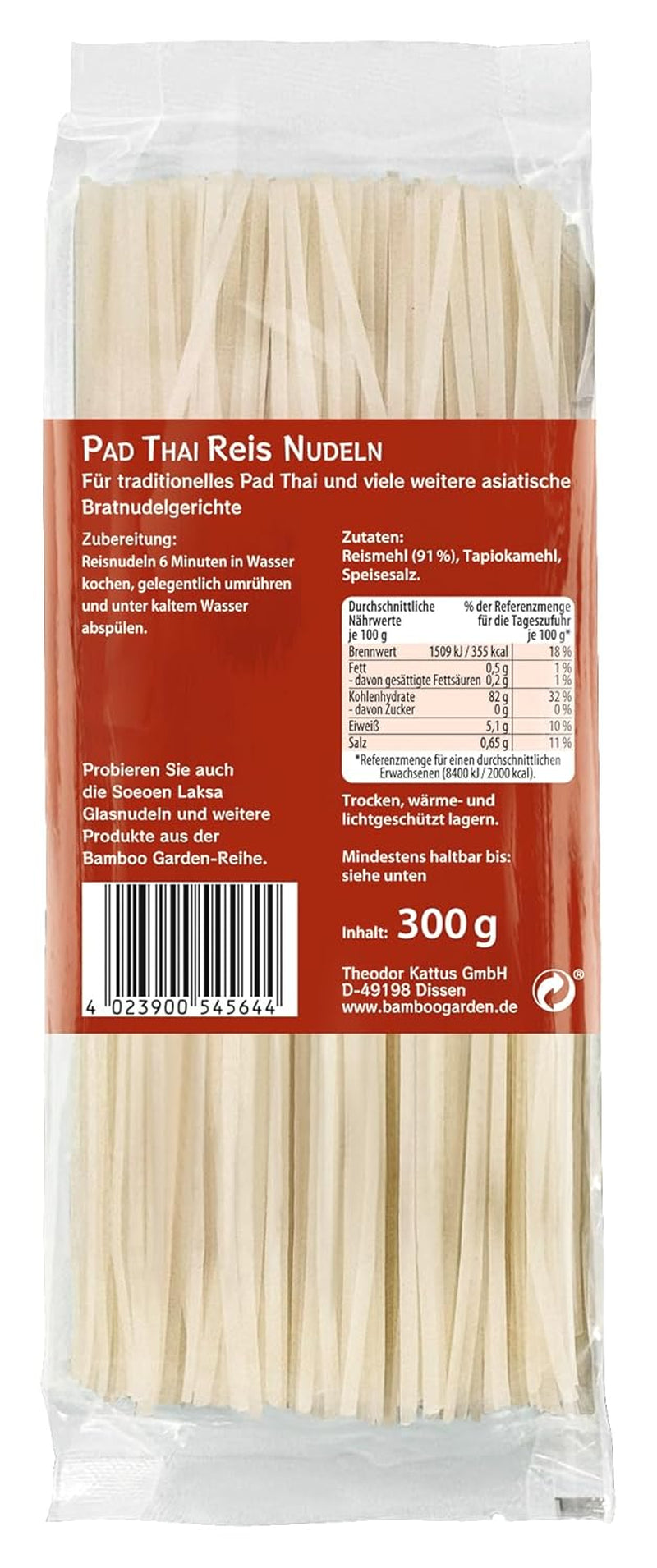 Bamboo Garden - Pad Thai risnudlar, för traditionella nudelrätter som Pad-Thai, Vegan, 1 x 300 g (paketets design kan variera)
