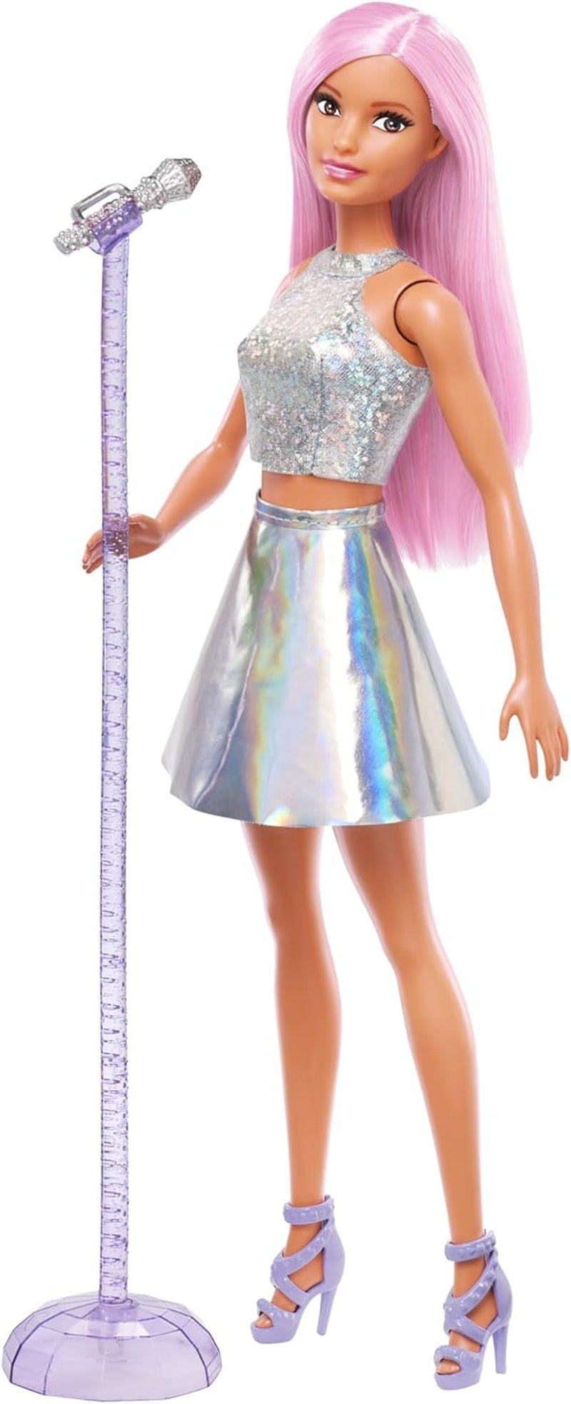 Barbie Pop Star Doll klädd i gnistrande kjol med mikrofon och rosa hår Present för 3-7 år gamla barn JCW42 Bländande dockor Naty Shop iriserande