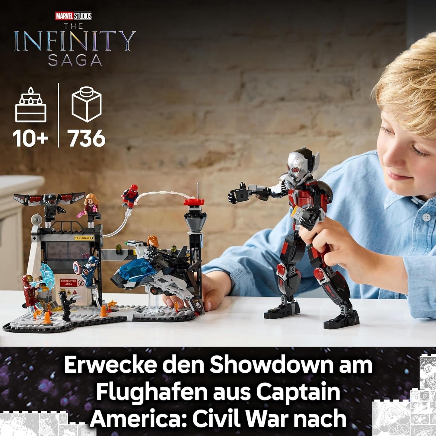 LEGO Marvel Captain America: Civil War Action Duell - Superhjältelekset med 8 minifigurer - Bygg- och lekset för leksaksflygplan - Present till pojkar och flickor 76314 Byggset Besuche den LEGO-Store