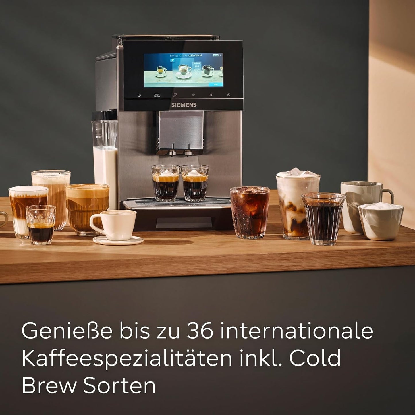 Siemens EQ900 automatisk espressomaskin, stor TFT-färgskärm, 2 bönbehållare, 36 varma och kalla drycker, kallt kaffe, supertyst, tvåkoppsfunktion, appkontroll, rostfritt stål, TQ907D03