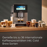 Siemens EQ900 automatisk espressomaskin, stor TFT-färgskärm, 2 bönbehållare, 36 varma och kalla drycker, kallt kaffe, supertyst, tvåkoppsfunktion, appkontroll, rostfritt stål, TQ907D03