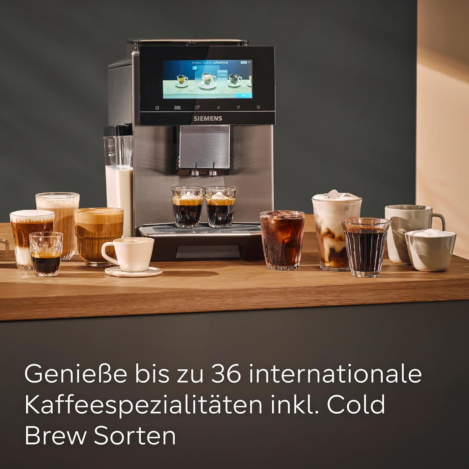 Siemens EQ900 automatisk espressomaskin, stor TFT-färgskärm, 2 bönbehållare, 36 varma och kalla drycker, kallt kaffe, supertyst, tvåkoppsfunktion, appkontroll, rostfritt stål, TQ907D03