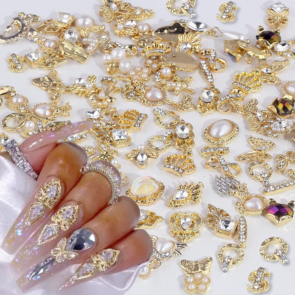 50 Stück Gold Nail Charms, Mix Styles Glitzersteine Nägel Perle Legierung Nagel Steine Blume Schmetterling Strasssteine Nägel Herz Stern Nagel Charms DIY Nail Art Zubehör Frauen Nägel Deko