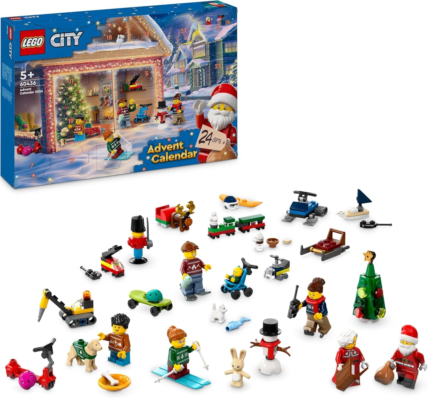 LEGO City adventskalender 2024, adventspresent till barn från 5 år, 24 överraskningar, minifigurer i juloveraller, jultomten och frun jultomten, julklapp 60436 Byggset Besuche den LEGO-Store Singel