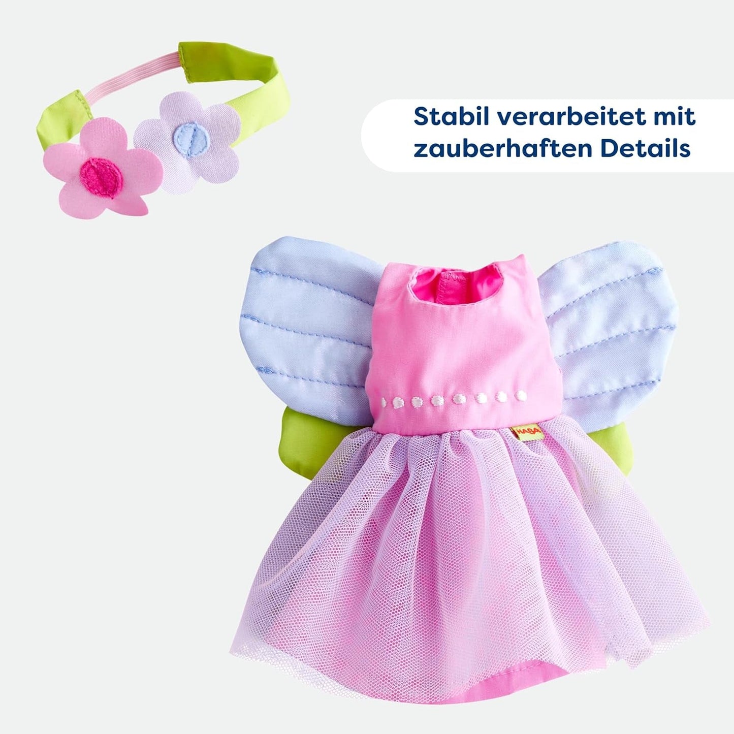 HABA Fairy Magic Doll Kläder - 2 delar set för 18 månader och uppåt dockor (30 cm) - Tyllklänning med vingar, blomma hårband ingår - 1306243001