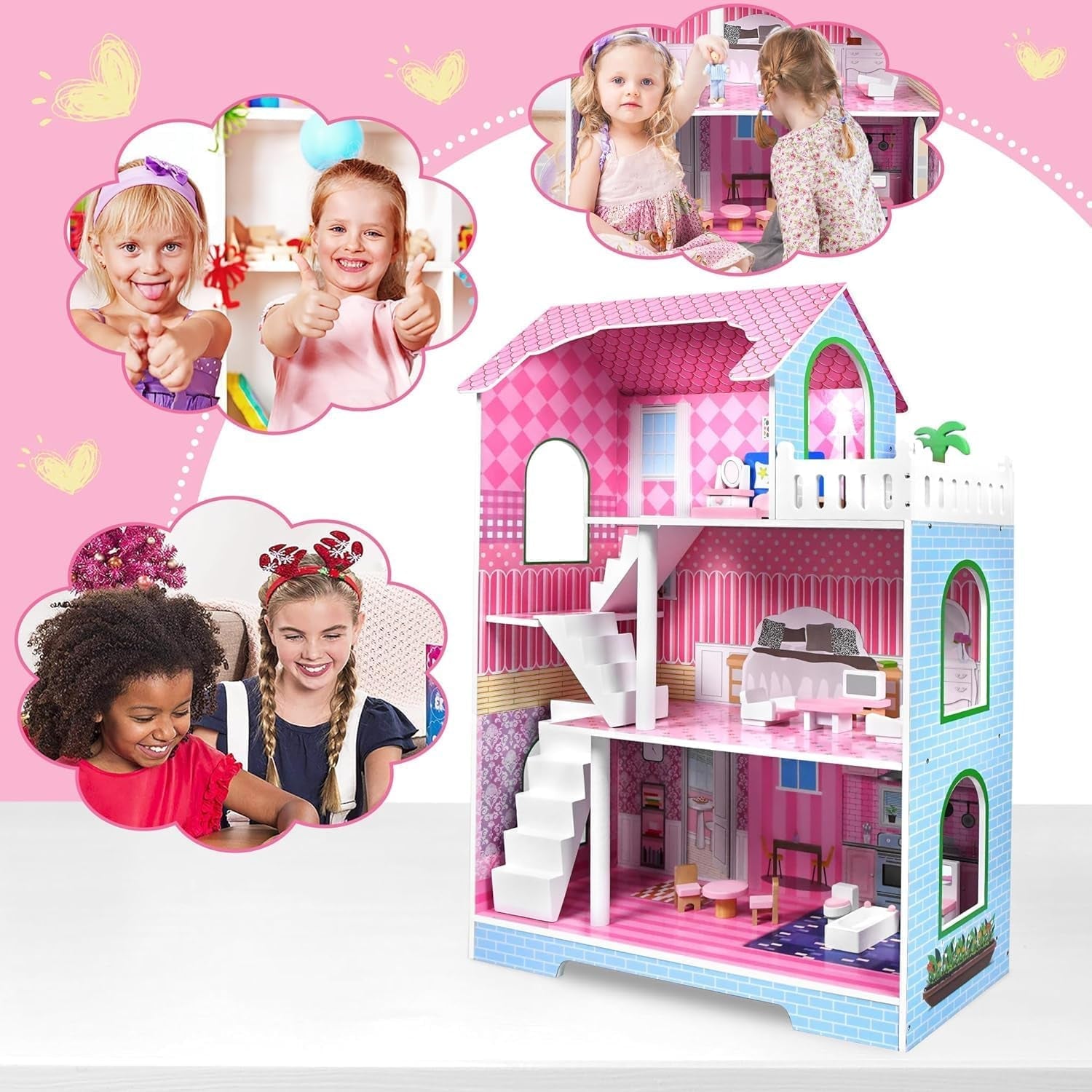 HENGMEI Puppenhaus Kinder Holz Puppenvilla Dollhouse Set Mädchen Spielset 3 Etagen Haus mit Möbeln och Zubehör, 70x30x100cm Puppenhäuser für Kinder (Typ B)