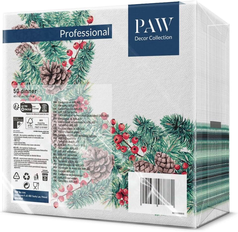 PAW - Airlaid servetter (40 X 40 Cm) I 50 delar I Perfekt för jul, vinter, helgdagar I Julaftons bordsdekorationer I Airlaid tygliknande servetter Vintergrenar I Vintergrenar