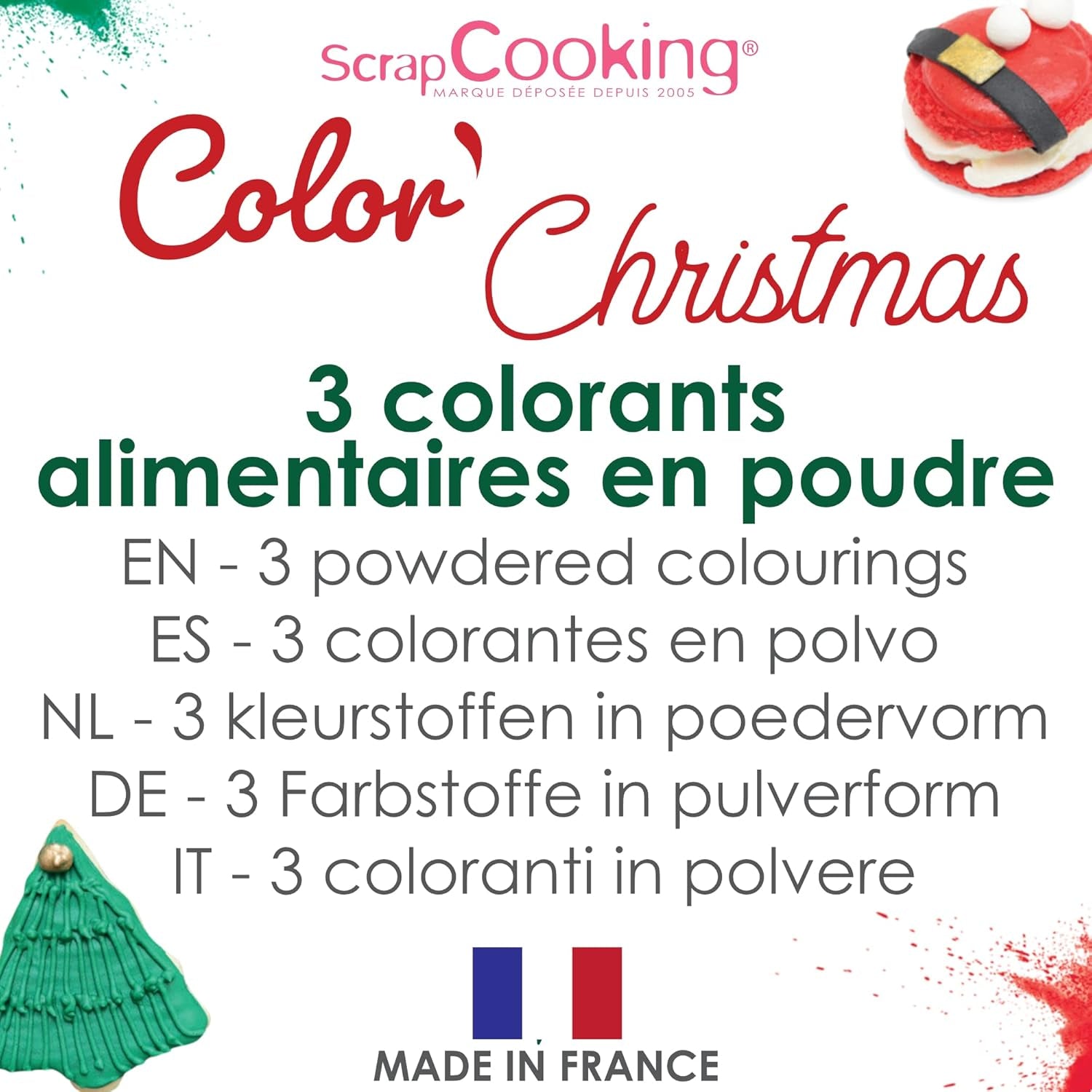 Scrapcooking - Set med 3 pulveriserad julmatfärgning - röd, grön, guld - ätbar matfärg för bakning, kakor, kakor, bakverk, deg, fondant - juldekorationer - 4018