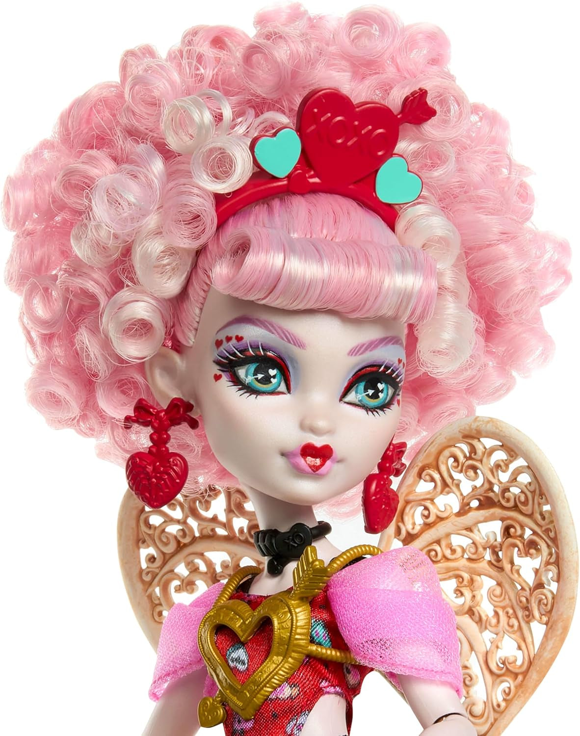 Monster High Skrämmande söt födelsedag Cupid Asteria docka i rosa och röd festklänning med tillbehör som inbjudan, ballong, present och mer, JBG77