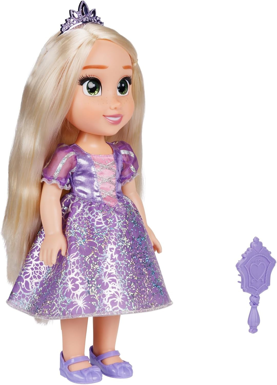 Disney Princess Rapunzel 35 cm docka, reflekterande glitterögon, rörliga leder, avtagbar klänning, skor, krona, långt blont hår, för tjejer 3+