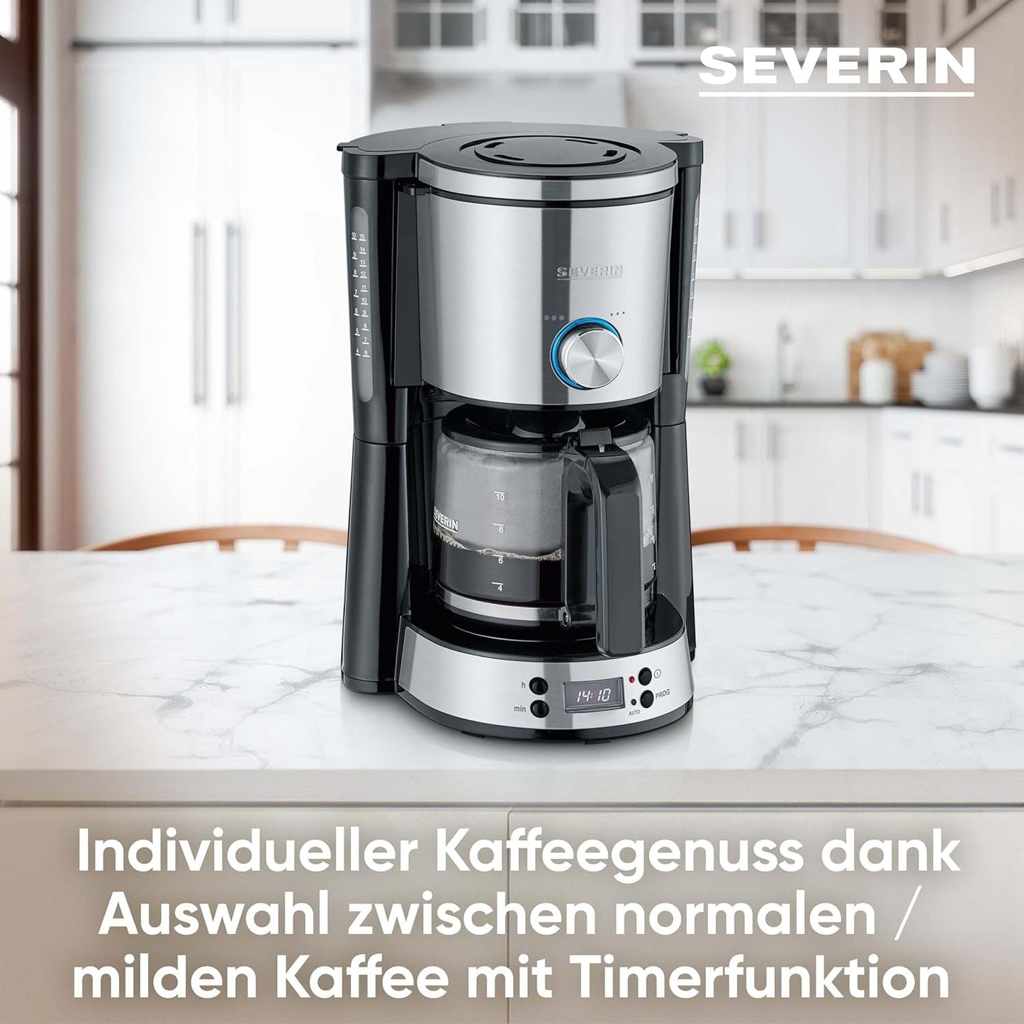 SEVERIN "TypeSwitch" espressomaskin med glaskaraff och timer, AromaSwitch för att välja 2 bryggalternativ, digital klocka med timerfunktion, för upp till 10 koppar, 1000W, borstat rostfritt stål-svart, KA 4826
