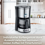 SEVERIN "TypeSwitch" espressomaskin med glaskaraff och timer, AromaSwitch för att välja 2 bryggalternativ, digital klocka med timerfunktion, för upp till 10 koppar, 1000W, borstat rostfritt stål-svart, KA 4826