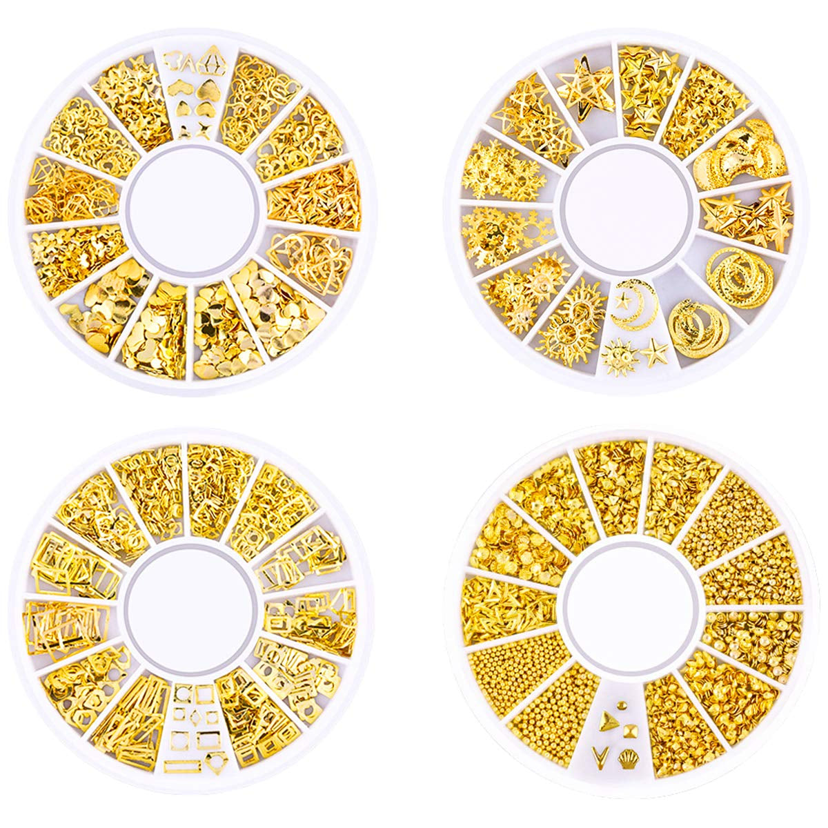 4 lådor Nagel Art Strass, 3D Nagel Art Decorations, Mix Größe Nagel Perlen Glitter Strass Guld Metall Hohlniet Nagelkunst Stern Mond Sonne Nagel Zubehör Für DIY Nageldesign