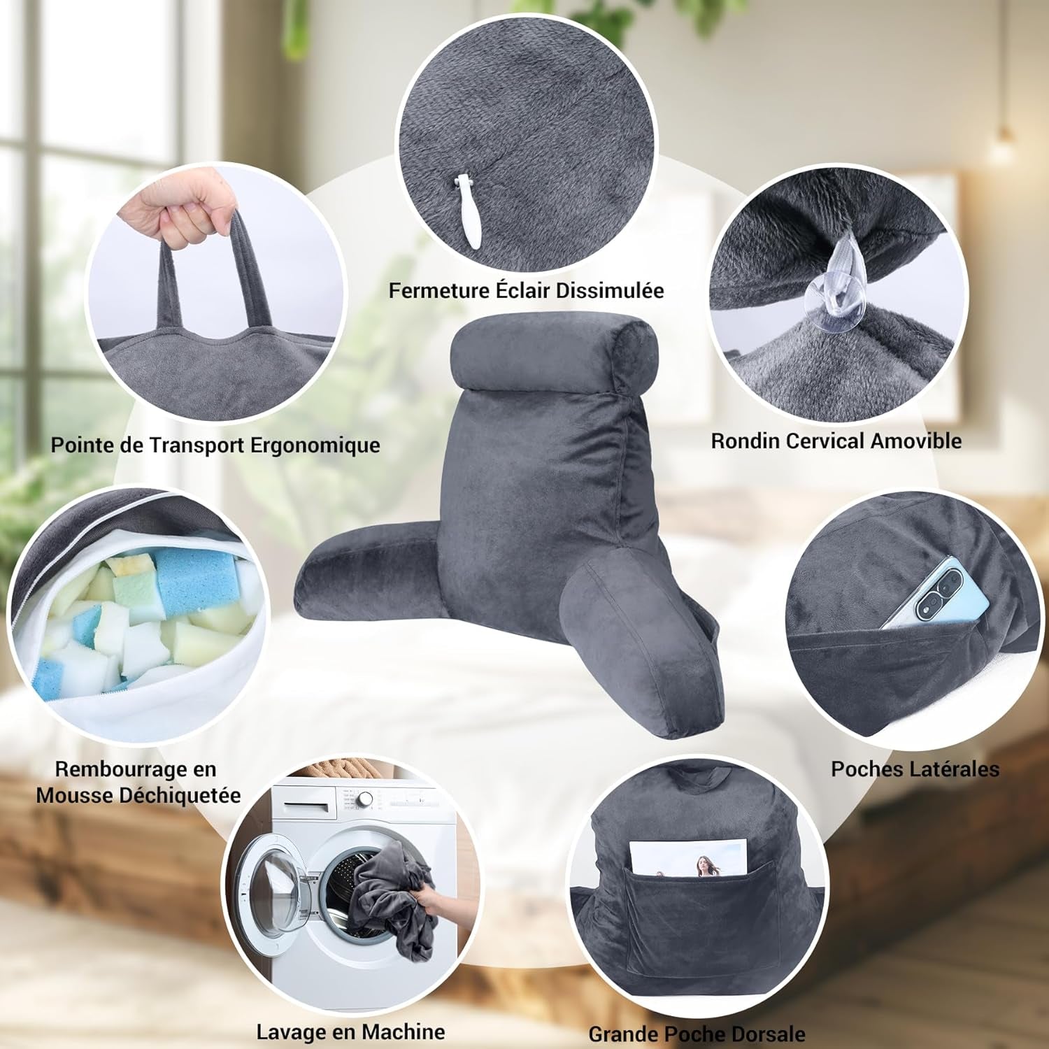 INFANTIA ergonomisk läskudde med armstöd, ryggstöd, stor, grå