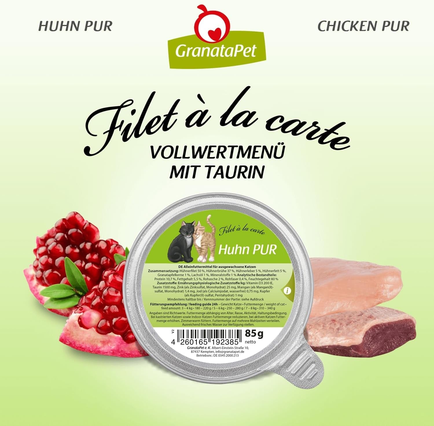 GranataPet Filet à la carte Kyckling PURE, blöt kattmat, spannmålsfria filébitar, kattmat utan tillsatt socker, hög kötthalt, 6 x 85 g