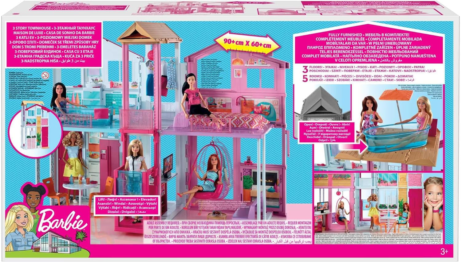 Barbie House Dream Villa 3 våningar 5-rums radhus inklusive tillbehör som möbler, hopfällbar och förvaring, leksaker från 3 år, DLY32 Naty Shop Dockhus