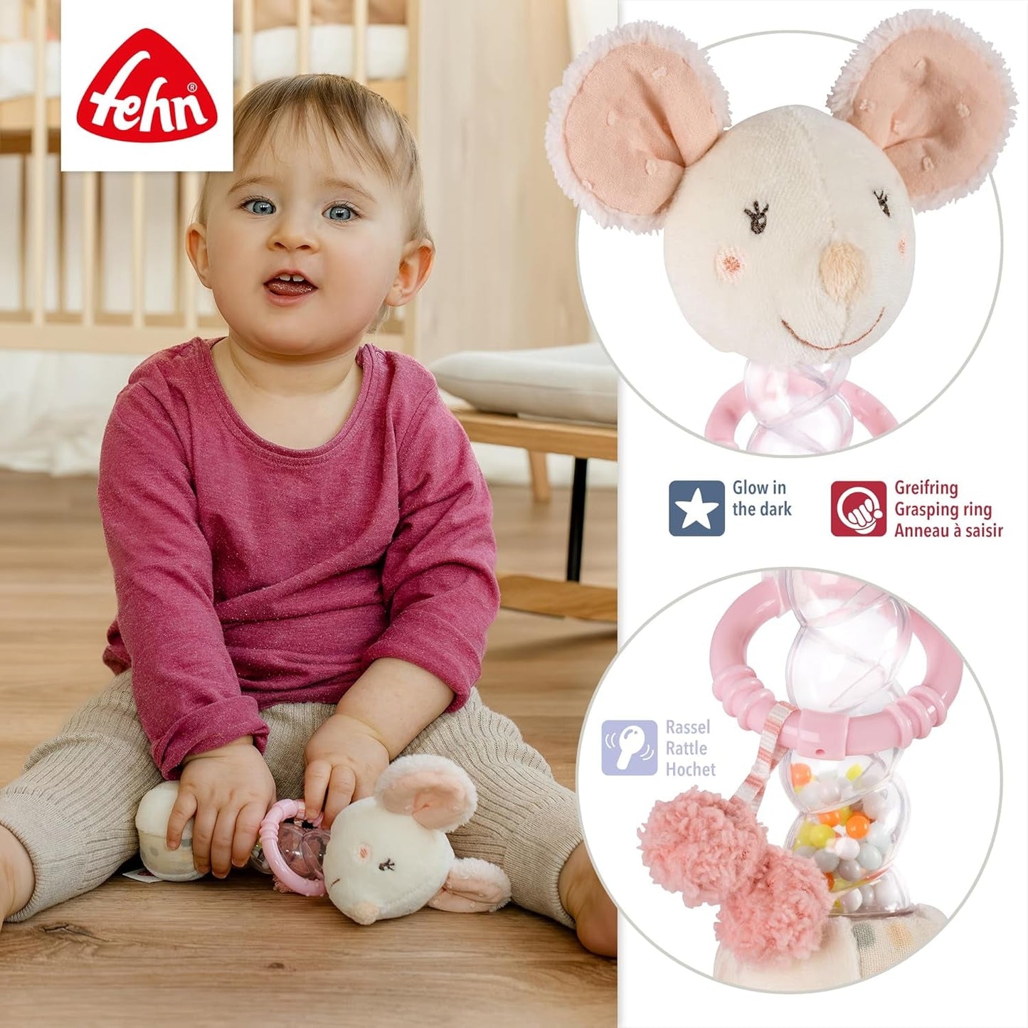 Fehn rainmaker-mus - motorisk leksak med klocka för att greppa och göra ljud - bell stick främjar lekfullt sinnen och motorik - för spädbarn och småbarn från 0+ månader Baby Toys Naty Shop