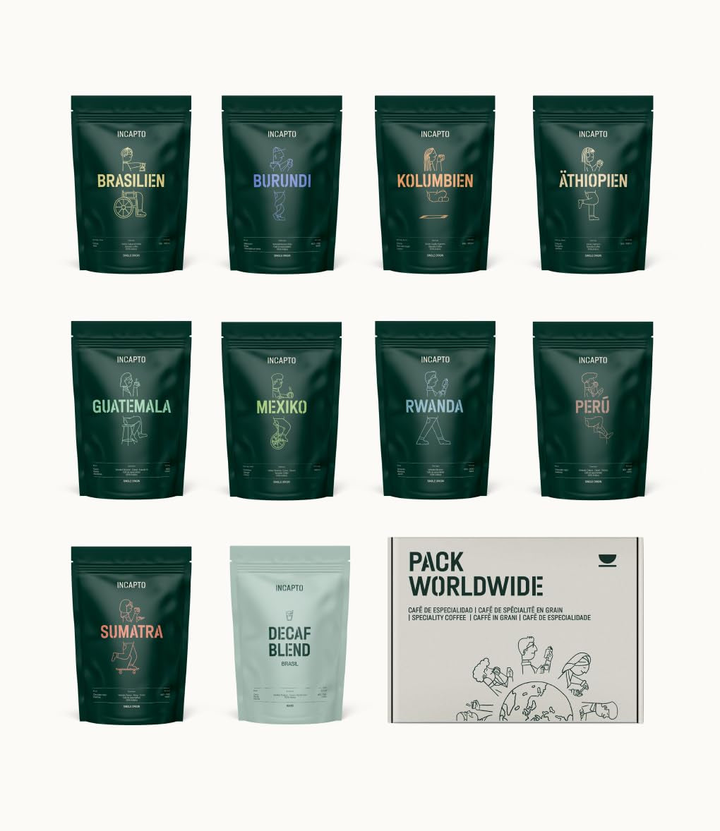 Urval av Incapto-kaffebönor över hela världen | Urval av 10 ursprung från hela världen | Specialkaffe | 100 % Arabica | Perfekt som kaffepresentset | För kaffeälskare | 10 förpackningar x 100g