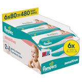 Pampers Sensitive Wet Wipes, 6 förpackningar med 80 våtservetter = 480 våtservetter, oparfymerade, för skonsam, skonsam rengöring