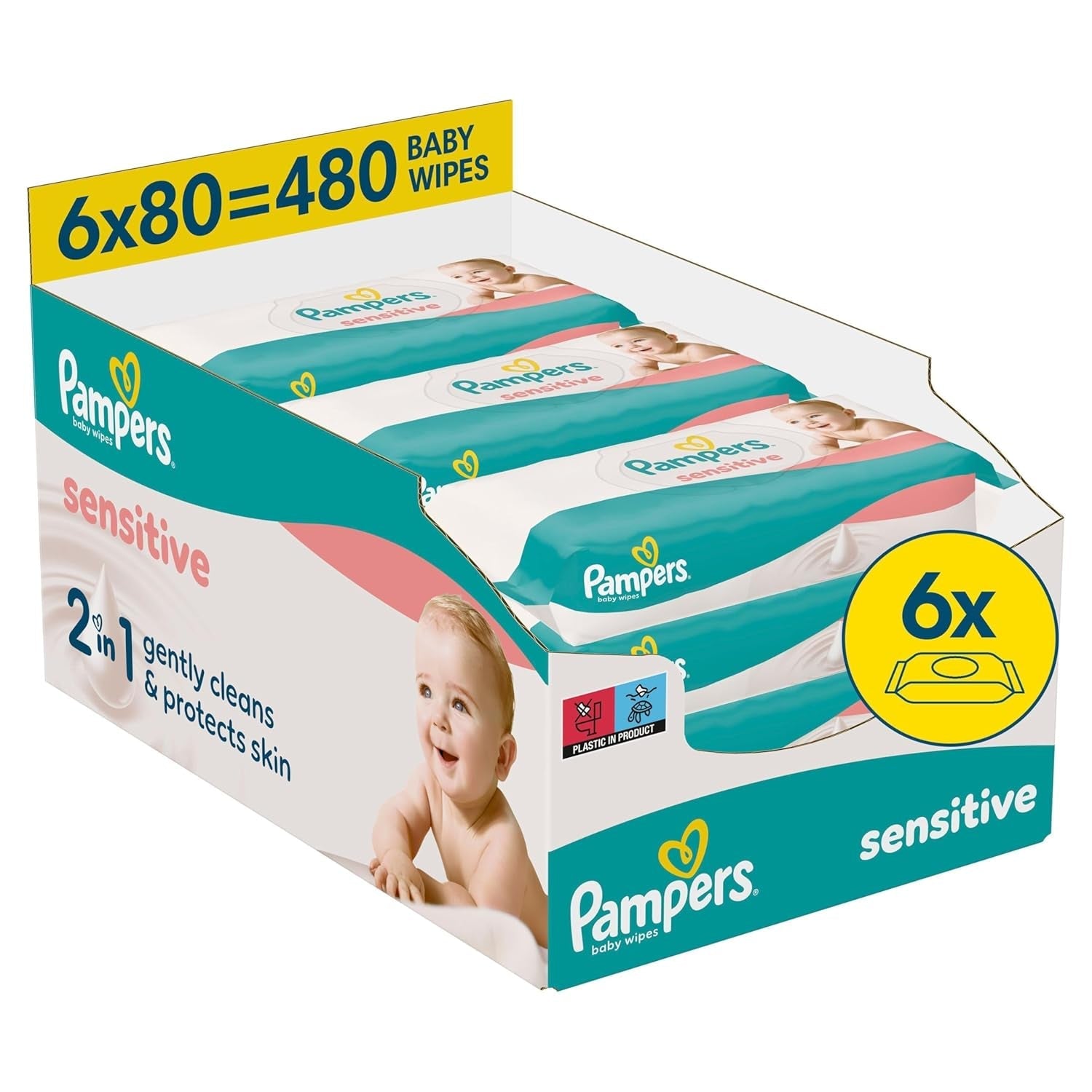 Pampers Sensitive Wet Wipes, 6 förpackningar med 80 våtservetter = 480 våtservetter, oparfymerade, för skonsam, skonsam rengöring