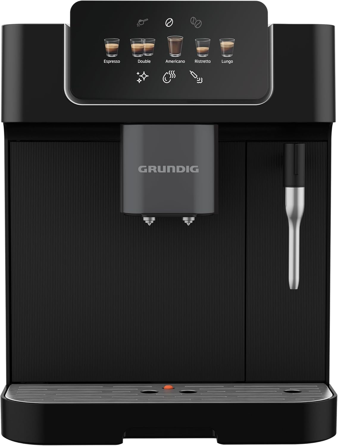 GRUNDIG KVA 6230 helautomatisk espressomaskin med mjölkskummare, rostfri kvarn med 13 malningsinställningar, bönbehållare 250 g, avtagbar vattentank 2 liter, pumptryck 19 bar, pekskärm, svart