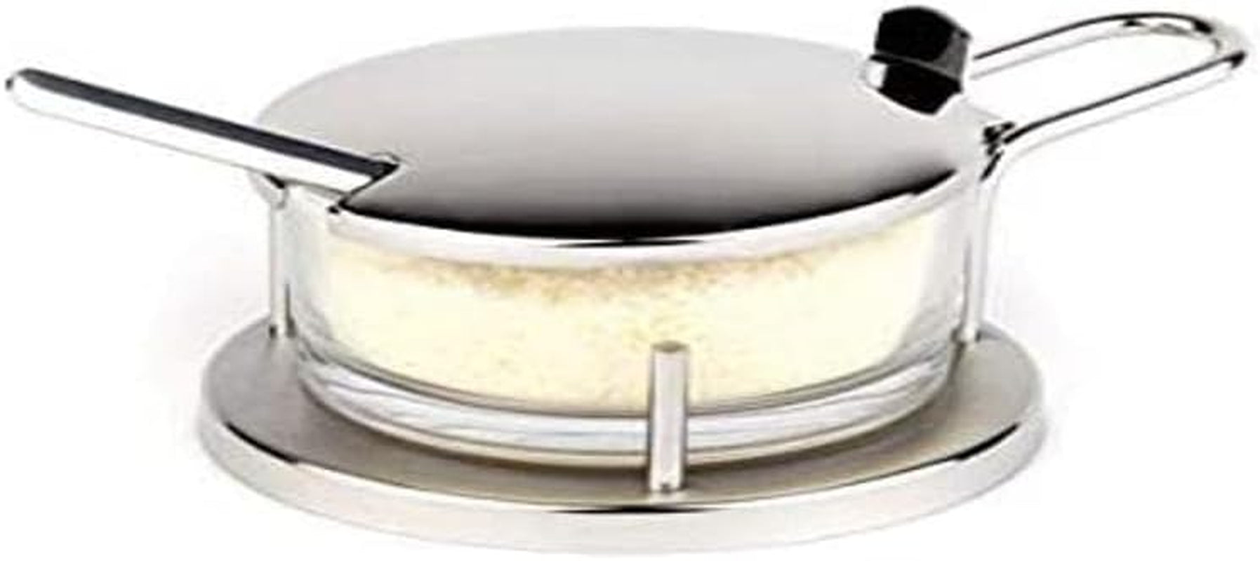 Parmesan Set APS "Classic", skål för parmesan, behållare för parmesan med sked, genomskinligt glas för parmesan i rostfritt stålhållare, 11 x 15 cm, höjd 7 cm