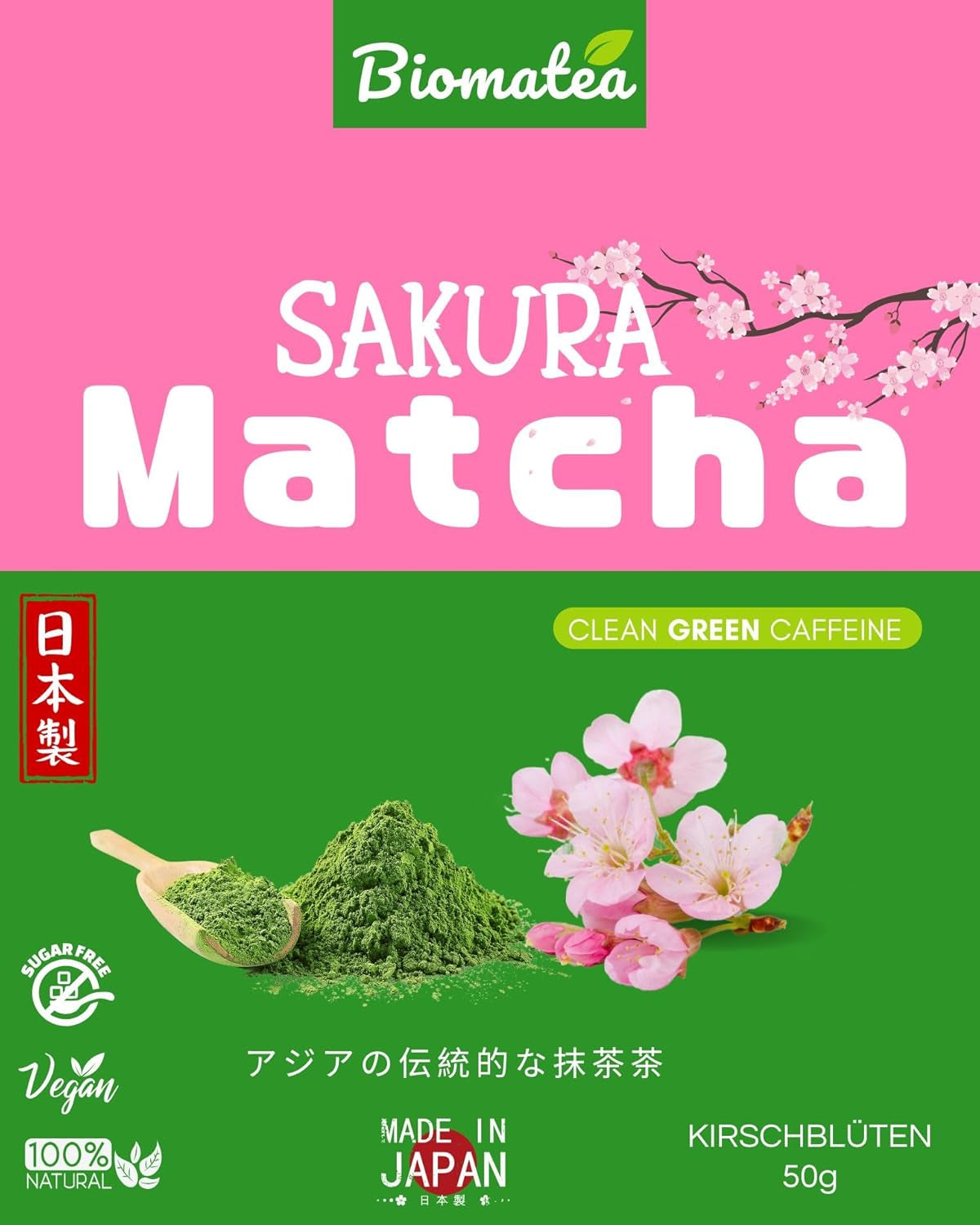 Sakura Matcha Tea 50g - Ceremoniell kvalitet från Japan - Premium grönt te med Sakura Flower Pulver - Första skörden, stenmald, vegansk, inga tillsatser