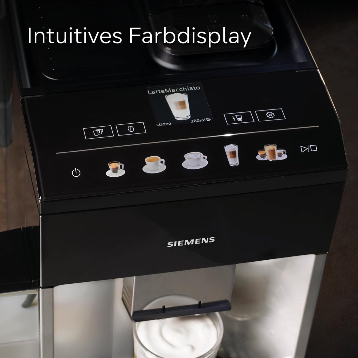 Siemens EQ500 helautomatisk espressomaskin TQ513D01, många kaffespecialiteter, mjölkskummare, integrerad mjölkbehållare, automatisk ångrengöring, 1500 W, naturligt ljus silver/piano svart