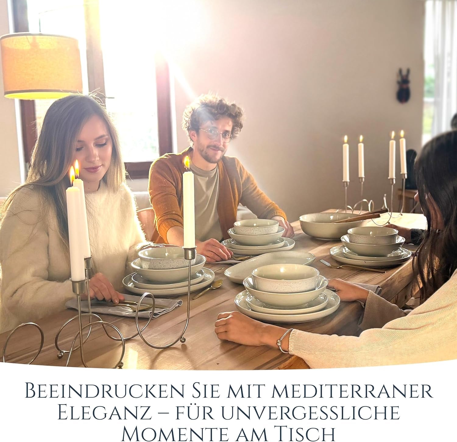 48-delars keramiskt stengods servisset för 12, Ibiza design, TESTVINNARE. Ett underbart keramiskt medelhavsservis av stengods med skålar och tallrikar. Pure Living servisset, beige.