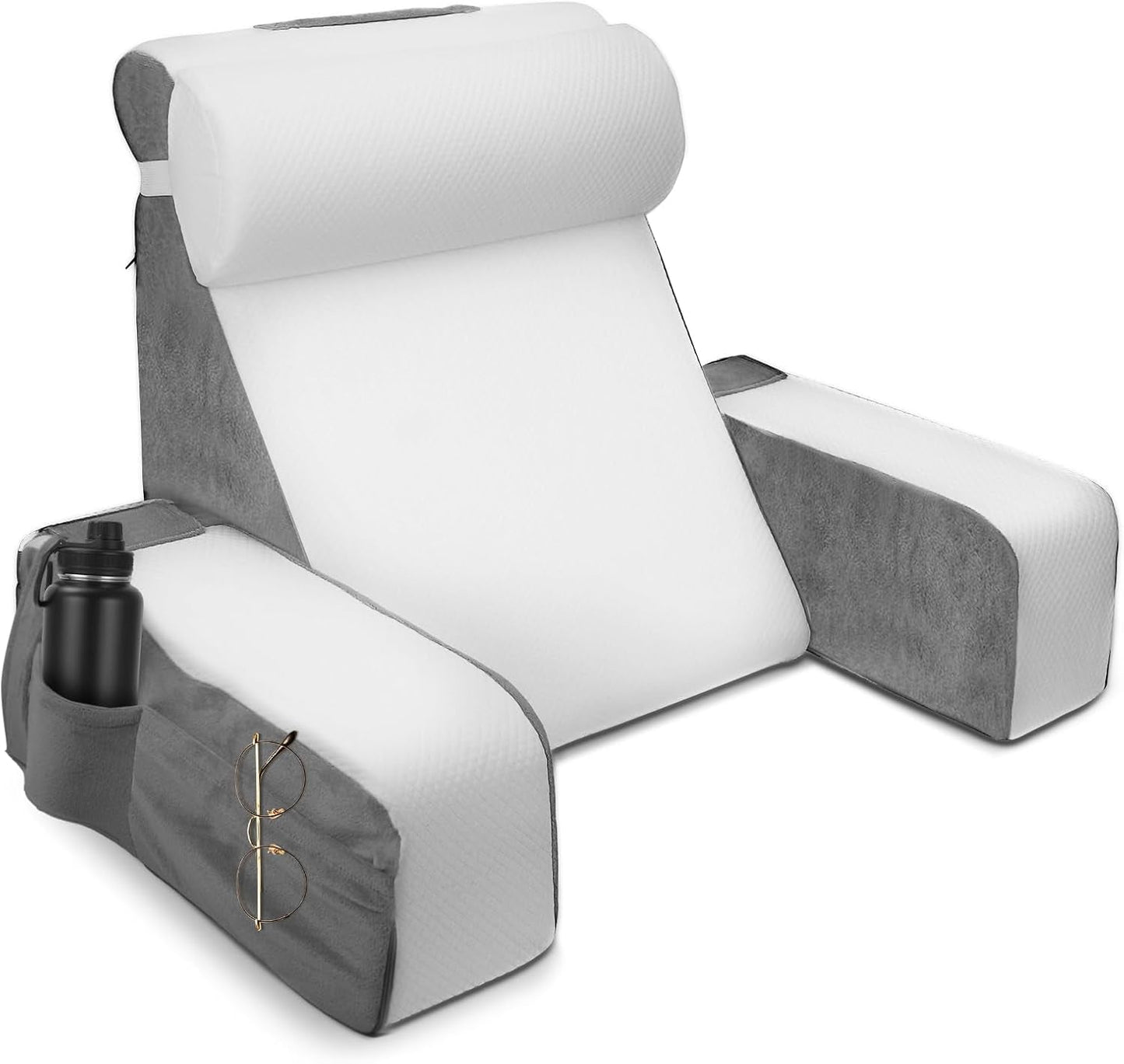 Stor läskudde med avtagbart nackstöd och armstöd, ryggkudde till sängen, ergonomisk ryggkudde med arm, ficka och tvättbart överdrag för läsning och tv-tittande.