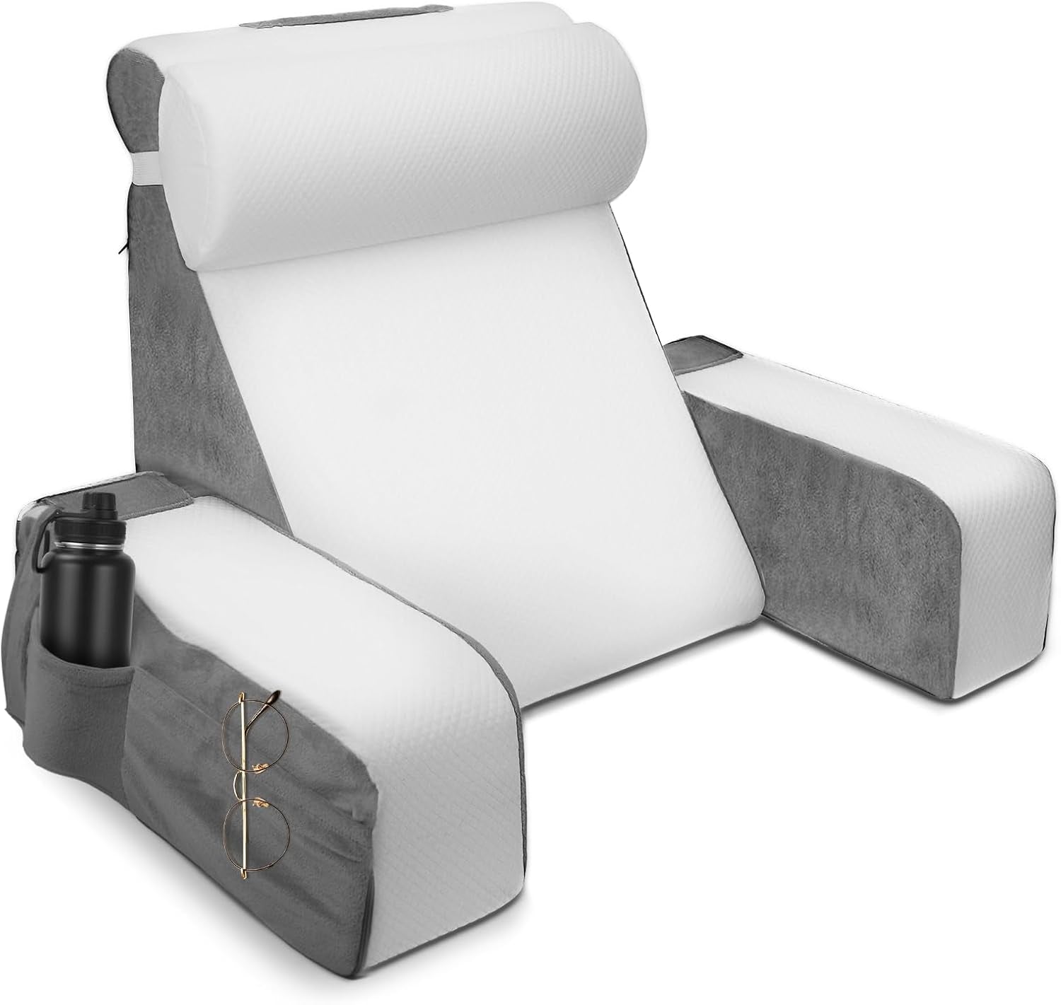 Stor läskudde med avtagbart nackstöd och armstöd, ryggkudde till sängen, ergonomisk ryggkudde med arm, ficka och tvättbart överdrag för läsning och tv-tittande.