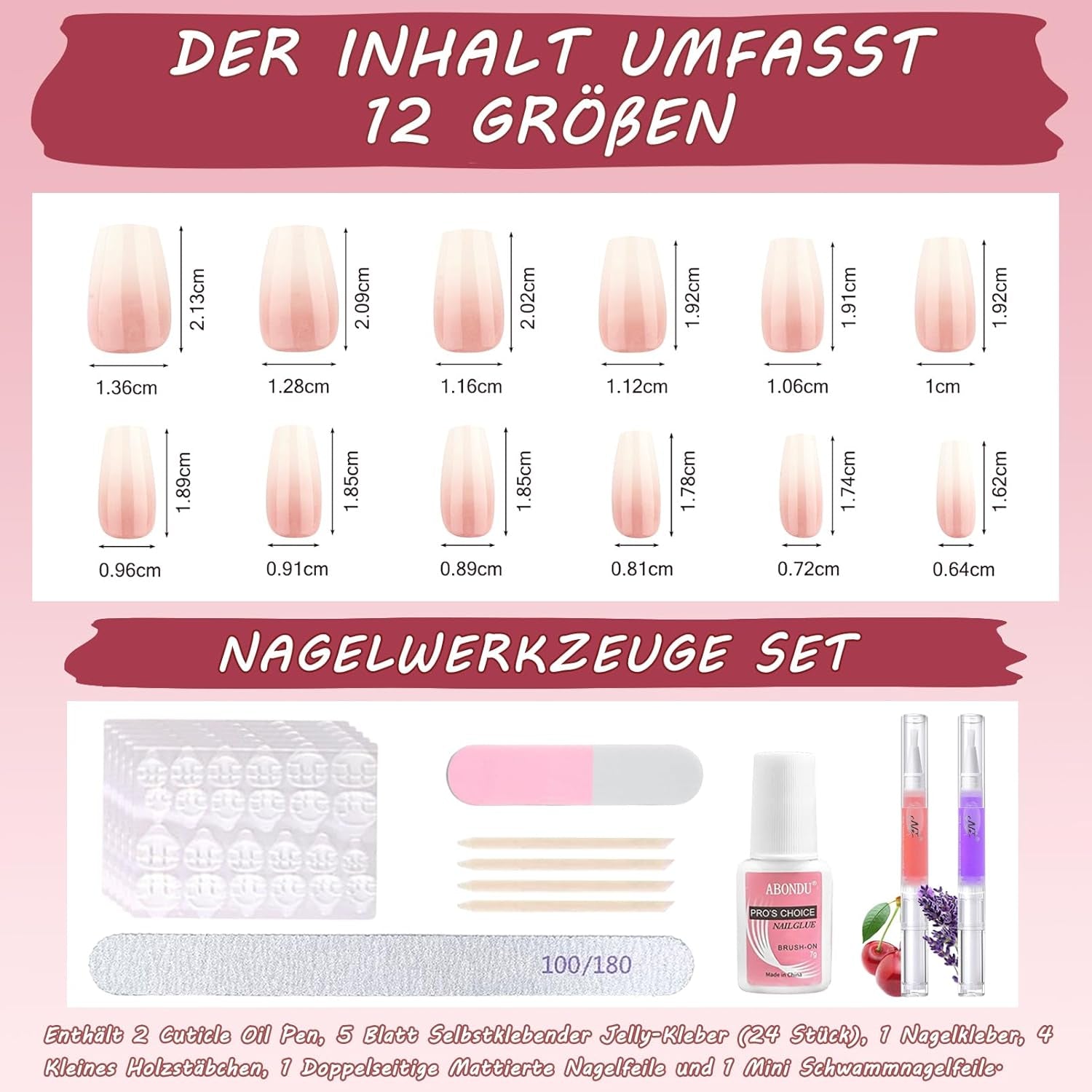 360st Gradient Ballerina False Nails Set, Rosa Vit Gradient Limmade konstgjorda naglar med 2st Nail Oil Pens, Ombre Medium Fake Nails for Women DIY
