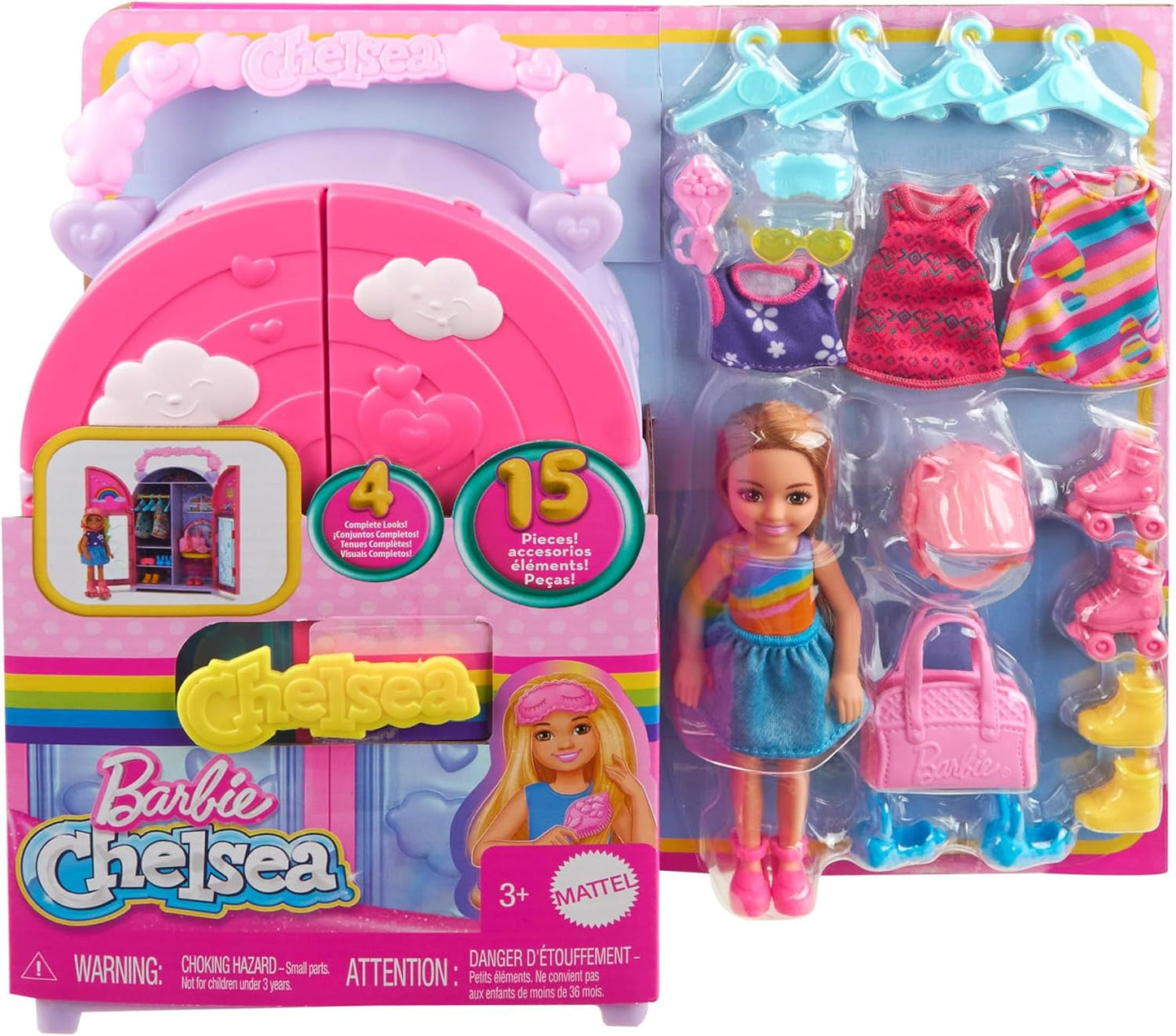 Barbie Chelsea docka och garderob lekset med kläder och tillbehör, 17 delar set, hopfällbar för reselek och förvaring, HXN03 Naty Shop Dolls