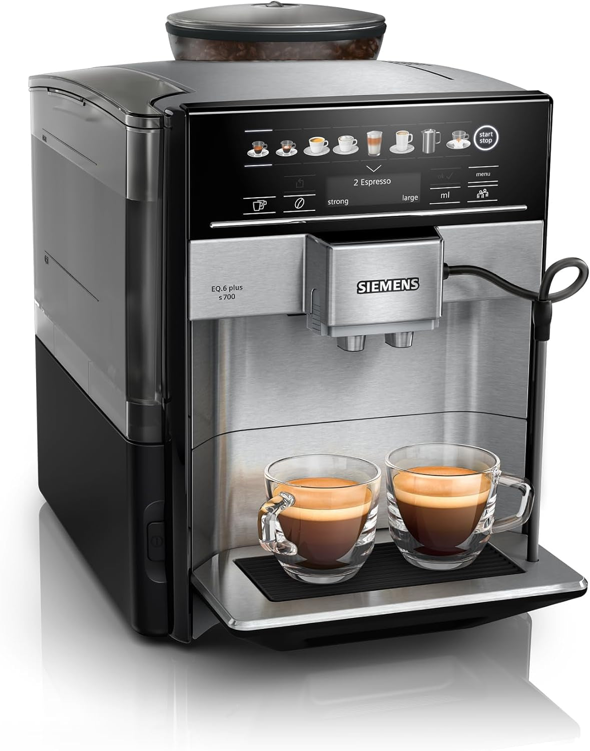 Automatisk espressomaskin Siemens EQ.6 plus s700 TE657503DE, för många kaffespecialiteter, mjölkskummare, keramisk kvarn, dubbel kaffefunktion, anti-kalk, automatisk ångrengöring, 1500 W, rostfritt stål