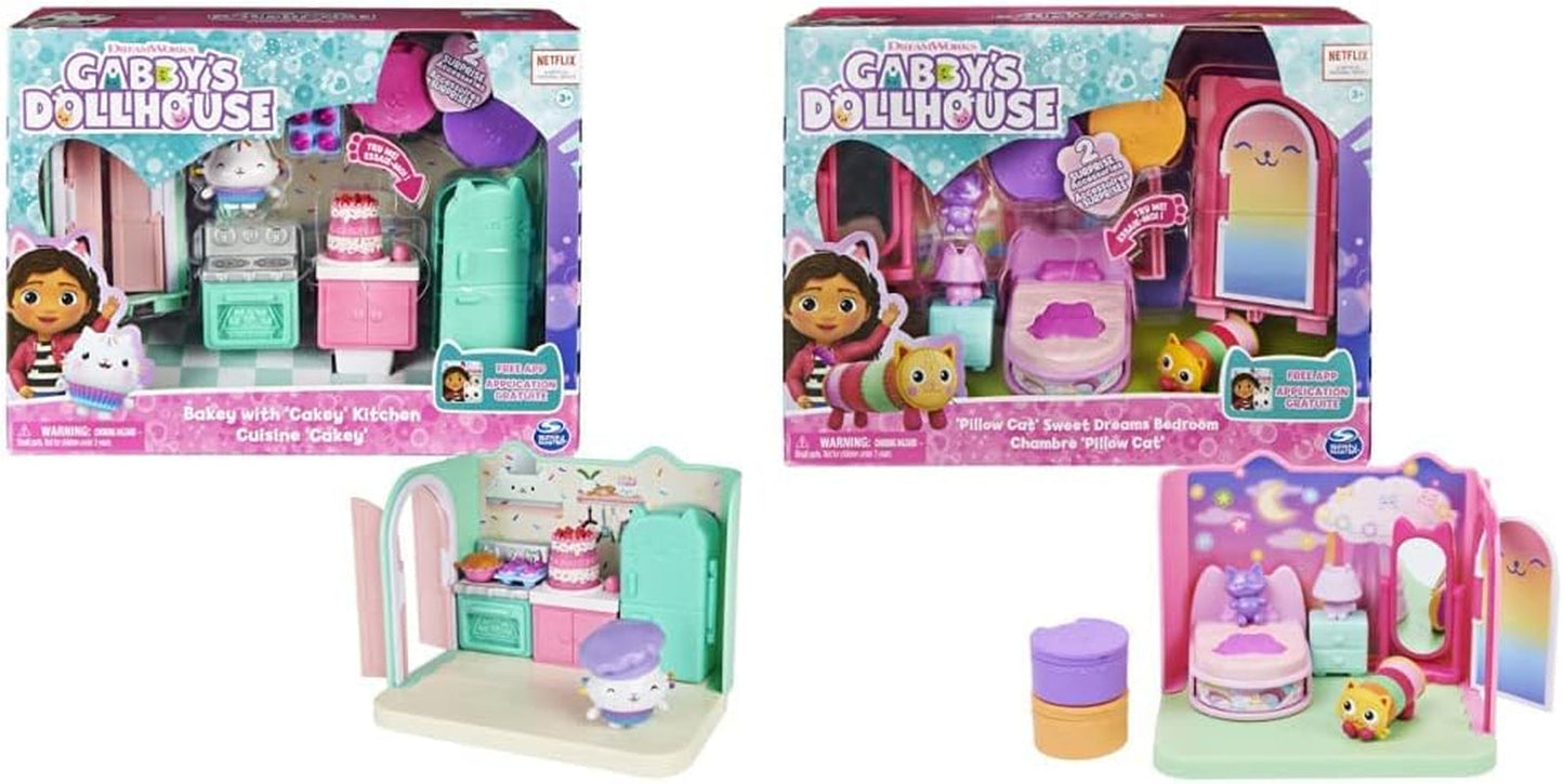 Gabby Dollhouse och Gabby Dollhouse Deluxe Room Sweet Dreams Fluffy Cat Sovrumskudde Katt och 3 tillbehör 3 möbler och 2 överraskningslådor Passar från 3 år och uppåt