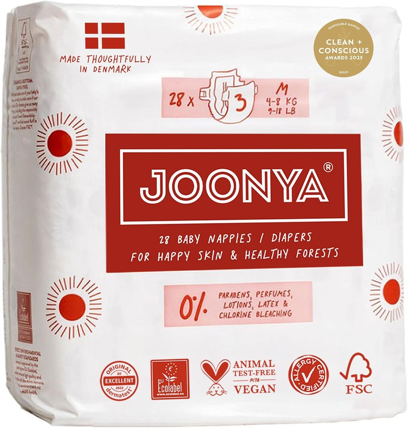 Babyblöjor, storlek 3M (4-8 kg) - 1 påse med 28 - Inga skadliga ämnen, miljövänlig, högabsorberande, lämplig för nattbruk, ultratunn och mjuk - Tillverkad i Danmark