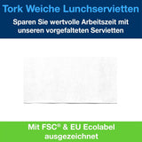 Tork mjuk lunchservett vit, 1/8-vikt, 3 lager, 33 cm × 33 cm, 150 servetter, 477416