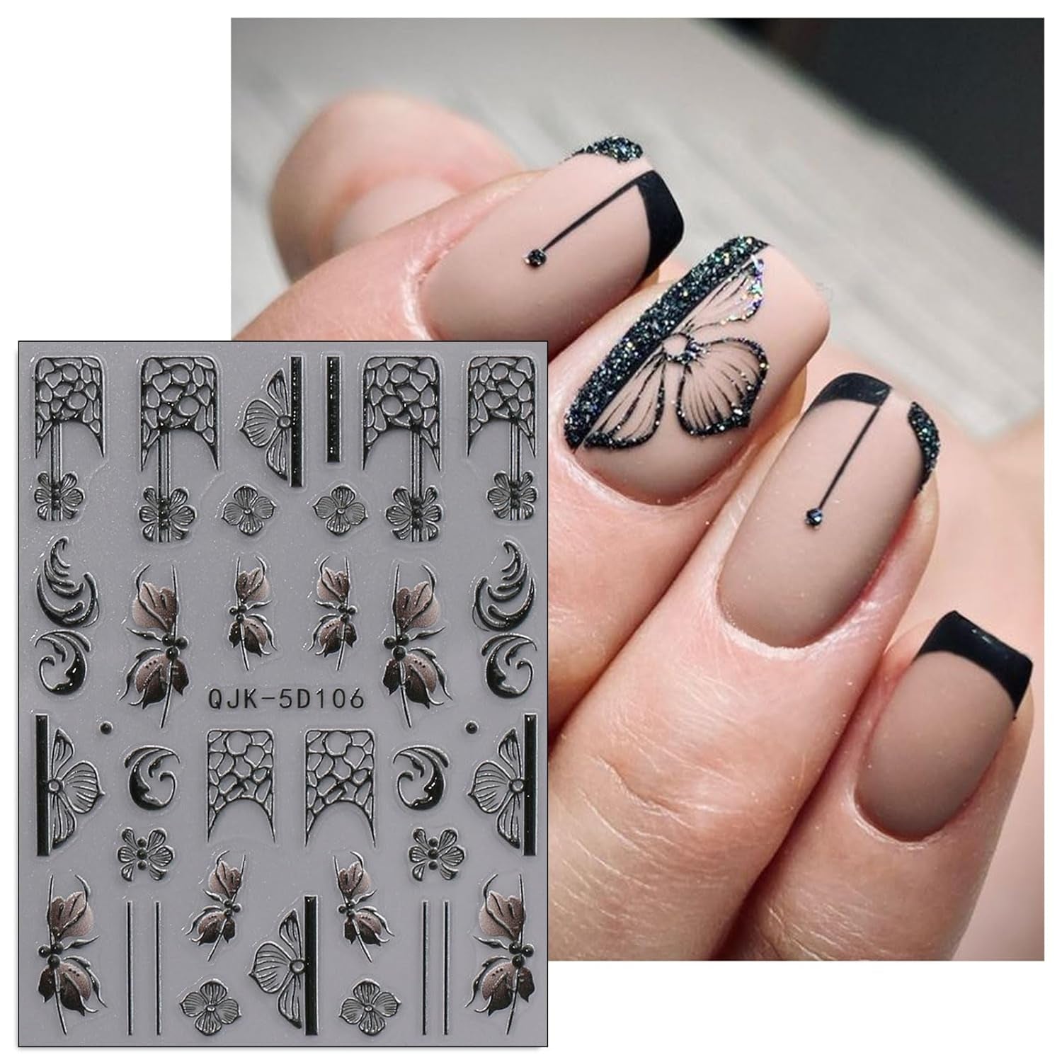 JMEOWIO 3D Nagelsticker Schwarz Weiß Blume Nail Art Sticker Selbstklebend Nagelaufkleber 5D Stereoskopisk Blumen Dekoration Nageldesign Zubehör 4 Blatt