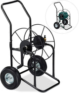 Relaxdays slangvagn, mobil slangupprullare, 1/2" och 3/4" anslutning, slang upp till 80 m, 2 hjul, metall, svart