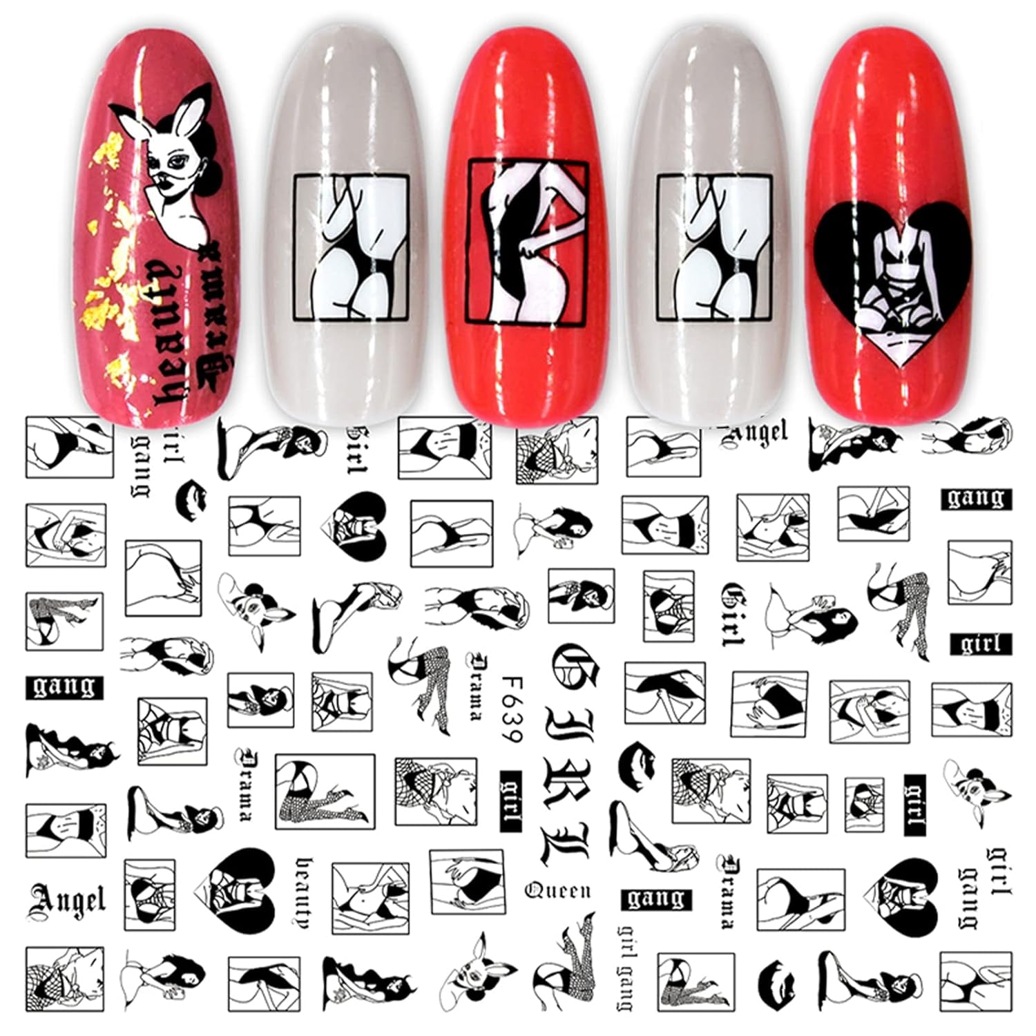 JMEOWIO Nagelsticker Geometrie 10 Blatt Nagelaufkleber Selbstklebend Schwarzes Herz Unregelmäßig Geformt Nagel Art Sticker Dekoration Nageldesign Zubehör