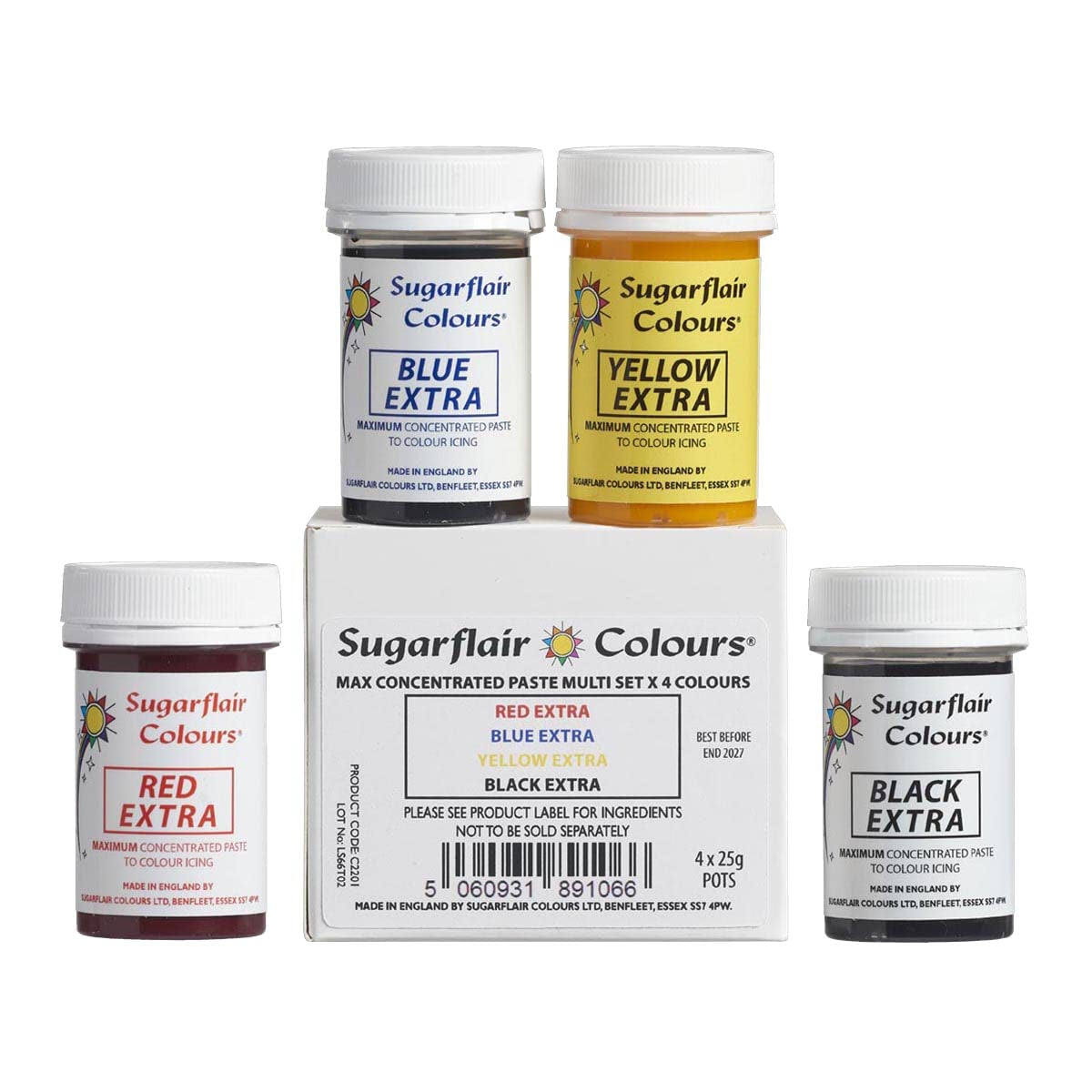 Matfärgningsset Sugarflair Max Concentrated/4, matfärg i pasta Max Concentrate, EXTRA blå, gul, röd, svart - 4x25g