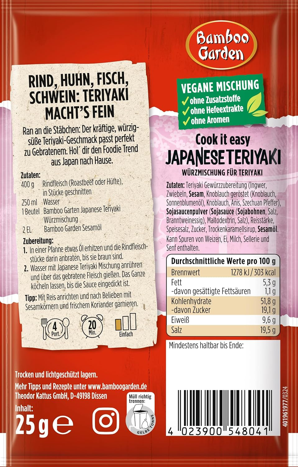 Bamboo Garden - Teriyaki kryddblandning , Gewürzmischung für Teriyaki , Für 4 Portionen , Ohne Geschmackverstärker och Konservierungsstoffe , 1 x 25 g (Verpackungsdesign kann abweichen)