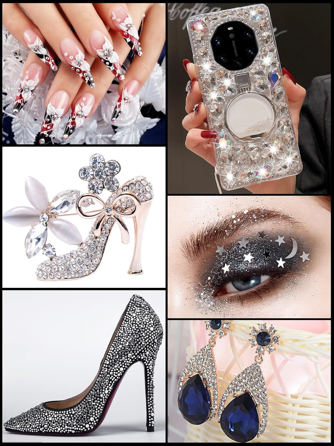 EBANKU Nail Art Strass Kit Multi Design Zubehör Mit 1 Pinzetten 1 Stück Wachsstifte Deko Diamanten Kristalle Perlen Edelsteine ​​Bunt Pferdeaugen Strass Metall Nieten Für Nagel DIY (1 Stück (10Er Pack))
