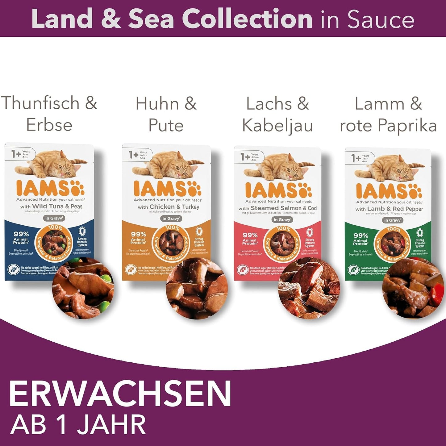 IAMS Delights Land & Sea Collection Wet Cat Food - Kött- och fisksortiment Multipack i sås, våtfoder för katter 1 år och äldre, 12 x 85g