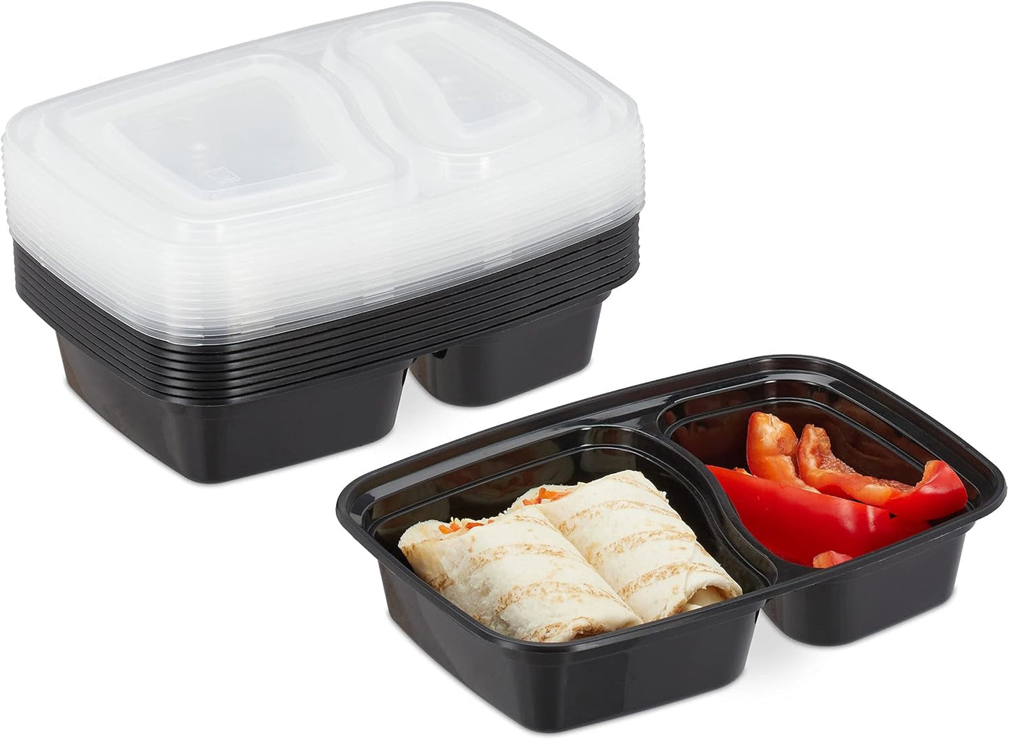 Relaxdays Meal Prep-lådor, set med 10, 2 fack, mikrovågsresistent, 800 ml, plastmatlåda med lock, svarta matförvaringslådor Naty Shop Standardtitel