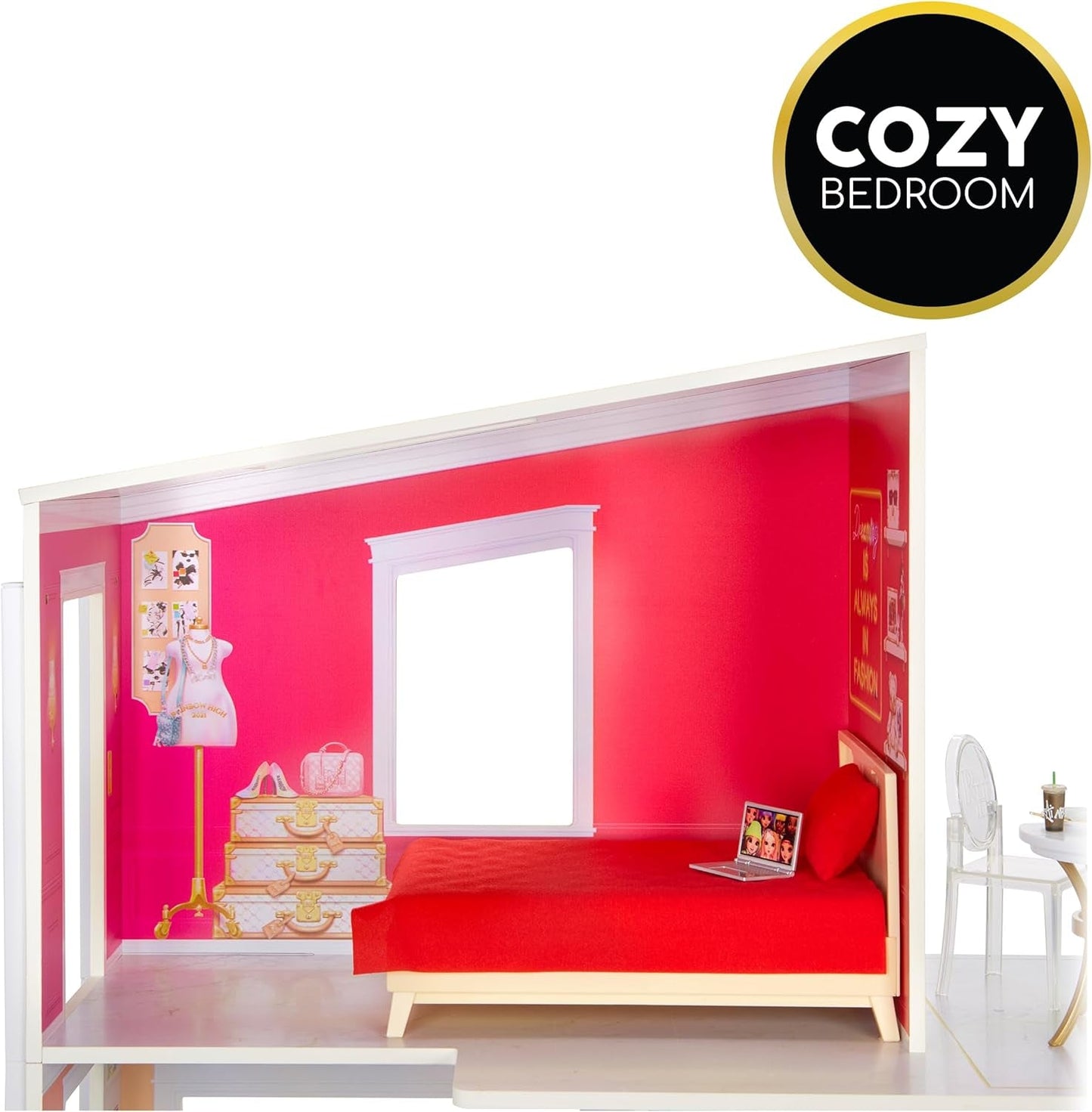 Rainbow High Townhouse - 3-vånings dockhus i trä med 5 färgglada rum och terrass - Fullt möblerat hus med hiss och funktionella tillbehör - Leksak för barn 4-12+ år Naty Shop Dollhouses