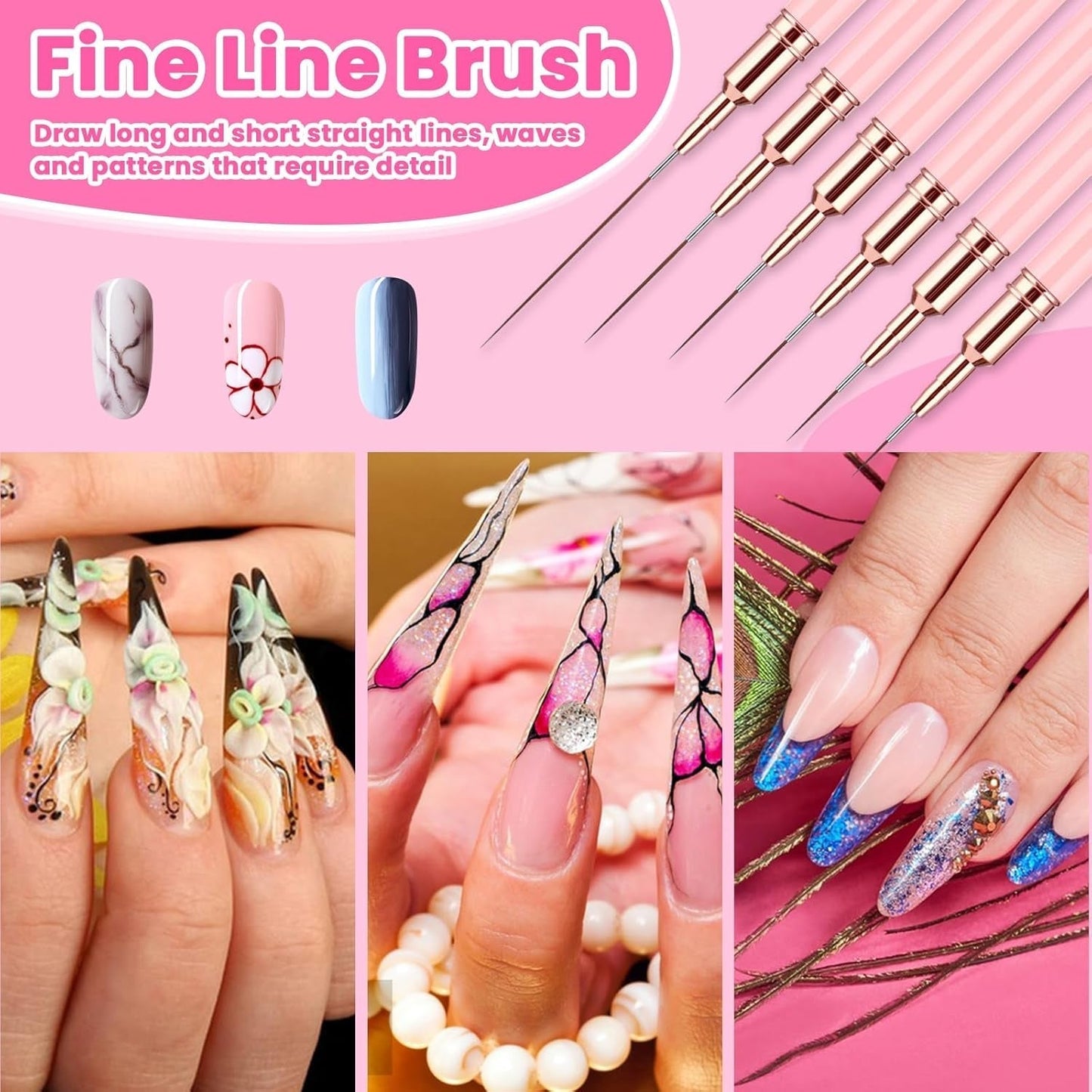 6 Stück Liner Nailart Pinsel Nageldesign Pinsel Set Dünn Acryl Nagelpunkt-Zeichenwerkzeug Nägel Dünne Nagelpinsel Set Für Lange Linien, Dünne Details, Feines Zichnen 5/7/9/11/15/25 Mm（Rosa）