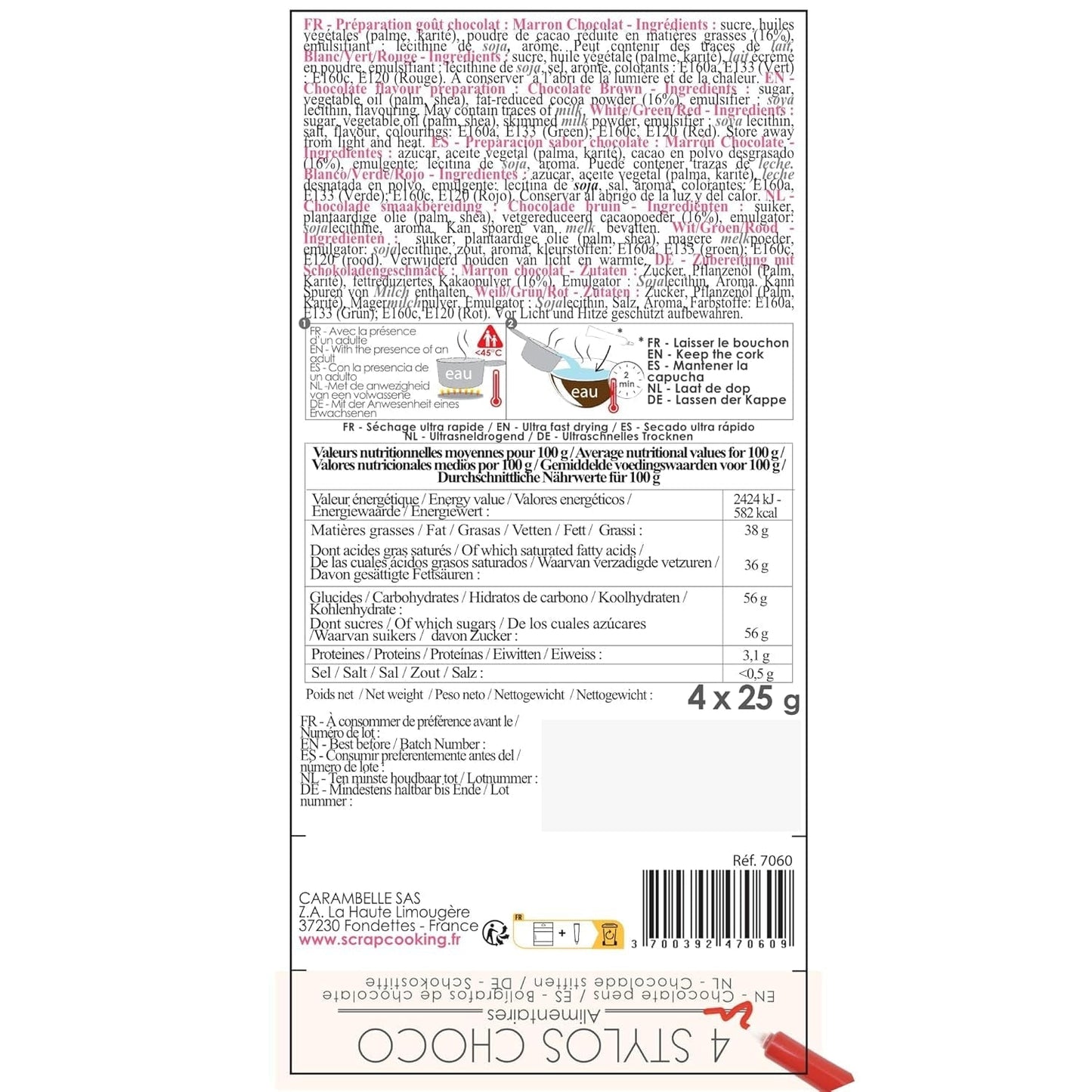 Scrapcooking - Set med 4 julchokladfärgade pennor - brun, vit, grön och röd - Ätlig färg - matfärg för att skriva - Skriv och rita på efterrätter, kakor och kakor - 7060