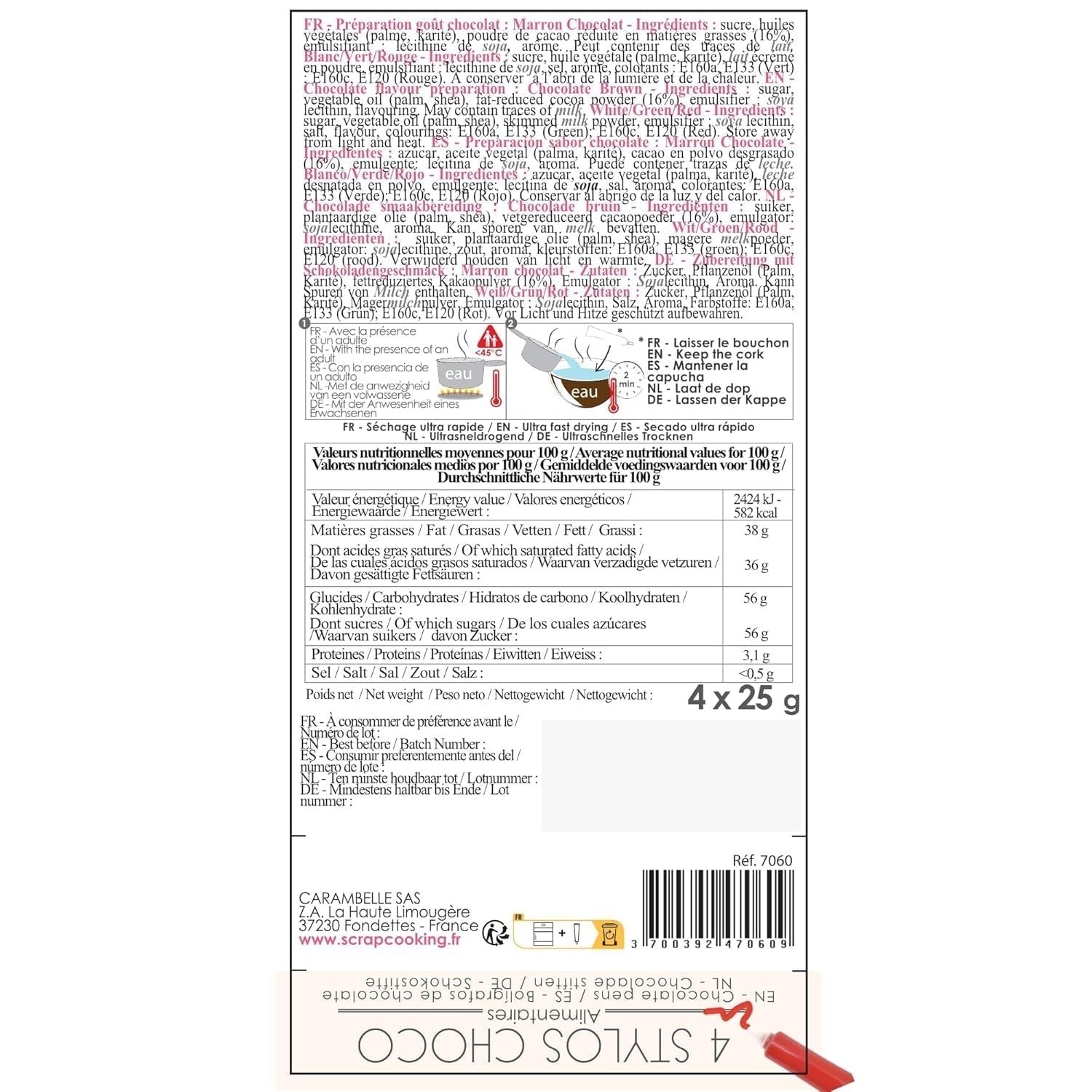 Scrapcooking - Set med 4 julchokladfärgade pennor - brun, vit, grön och röd - Ätlig färg - matfärg för att skriva - Skriv och rita på efterrätter, kakor och kakor - 7060