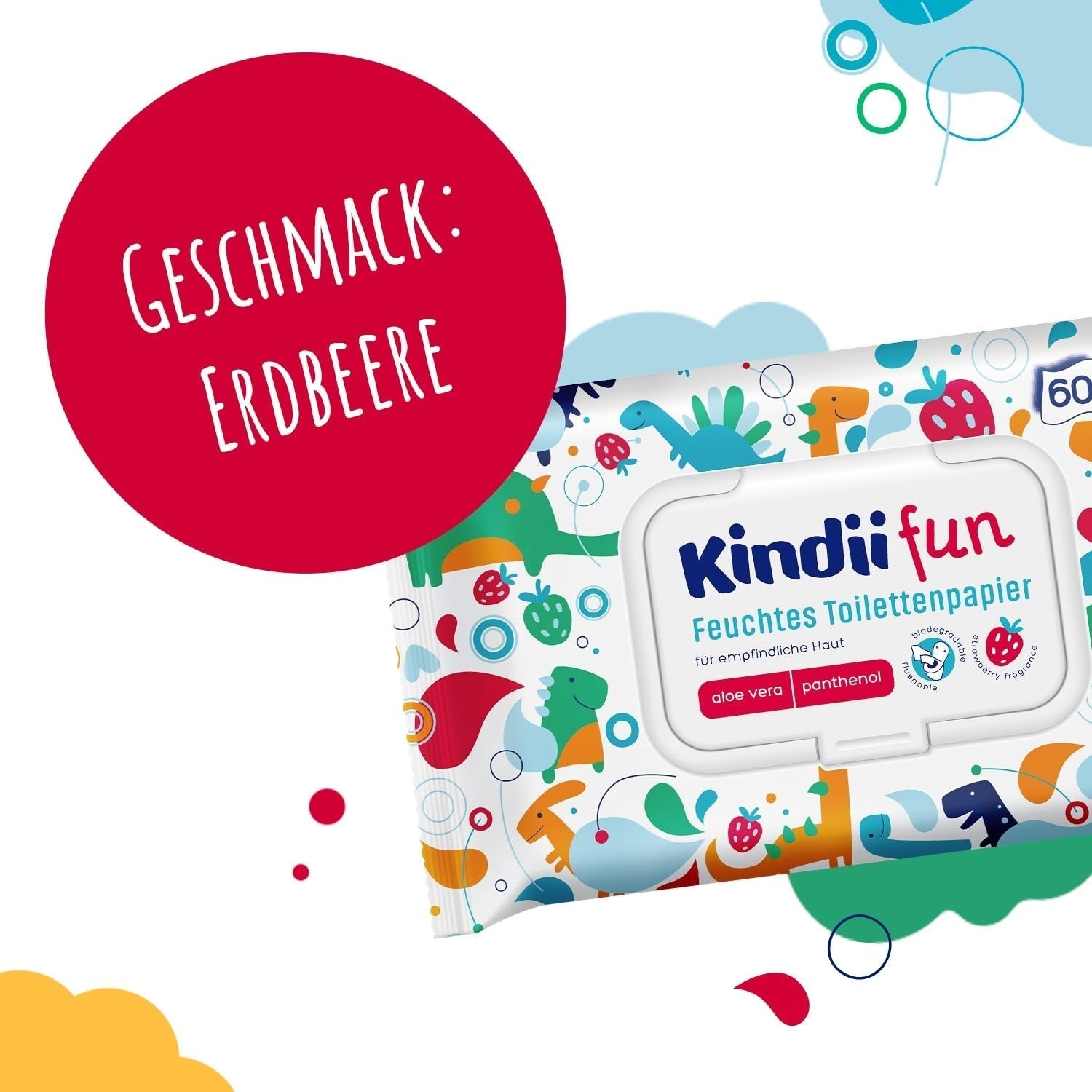 Kindii Fun Wet Toalettpapper - (10X60 stycken) Wet Toalettpapper - Kamomill, Aloe Vera, Ph-neutralt, Vattenbart, Fräschar upp det intima området - 600 stycken